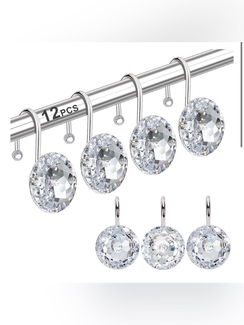 12PCS Shower Curtain Hooks Rings for Bathroom, Stainless Steel Metal Crysta